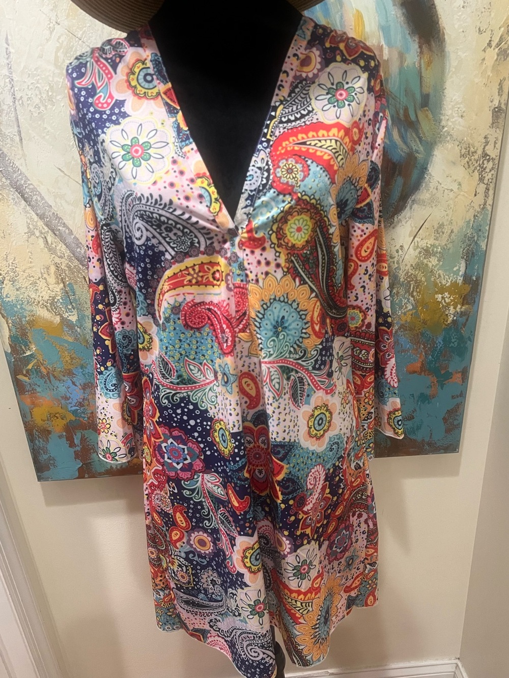Boho Paisley Shift Dress Floral V-Neck Pink Navy Aqua Resort Medium - Picture 3 of 9
